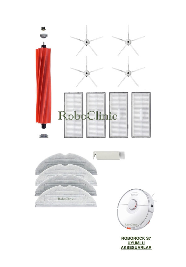 Roborock S7 Beyaz Yedek Ana Fırça, Yan Fırça, HEPA Filtre, Mop - 14 Parça