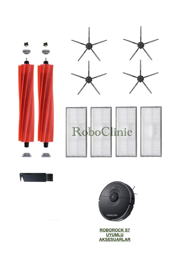 Roborock S7 Siyah Yedek Ana Fırça, Yan Fırça, HEPA Filtre - 11 Parça