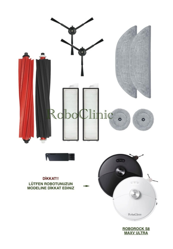 Roborock S7 MaxV Ultra Yedek Ana Fırça, Yan Fırça, HEPA Filtre, Mop, Yan Pad - 11 Parça