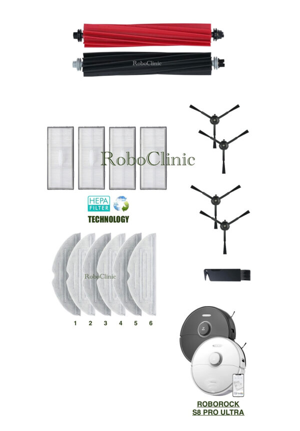 Roborock S8 Pro Ultra Yedek Ana Fırça, Yan Fırça, HEPA Filtre, Mop - 17 Parça