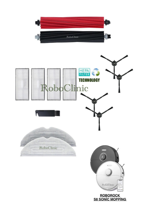 Roborock S8 Sonic Mopping Yedek Ana Fırça, Yan Fırça, HEPA Filtre, Mop - 13 Parça
