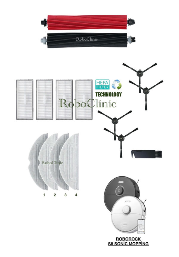 Roborock S8 Sonic Mopping Yedek Ana Fırça, Yan Fırça, HEPA Filtre, Mop - 15 Parça