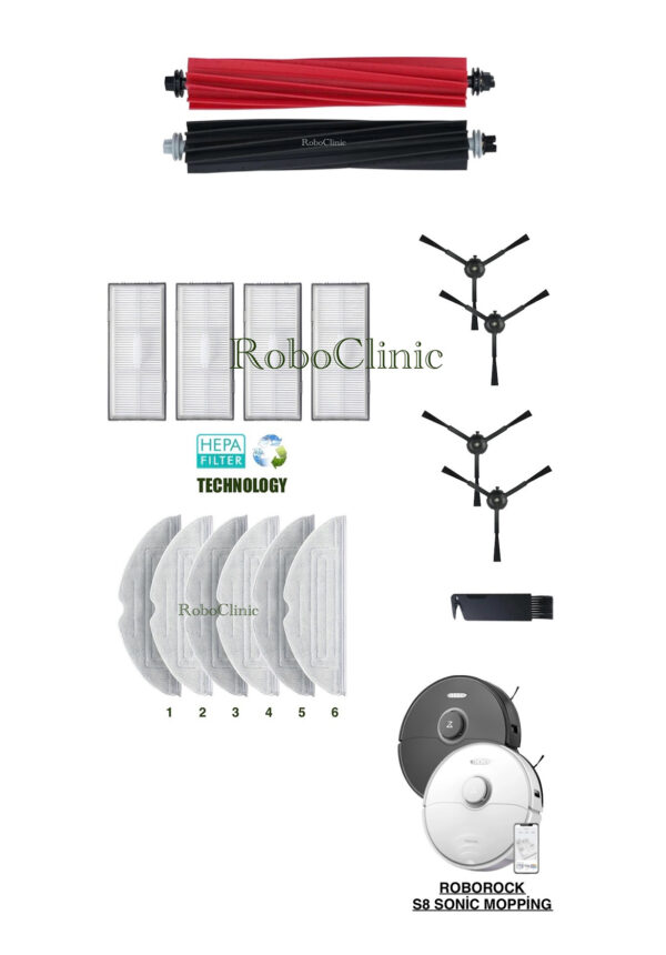 Roborock S8 Sonic Mopping Yedek Ana Fırça, Yan Fırça, HEPA Filtre, Mop - 17 Parça