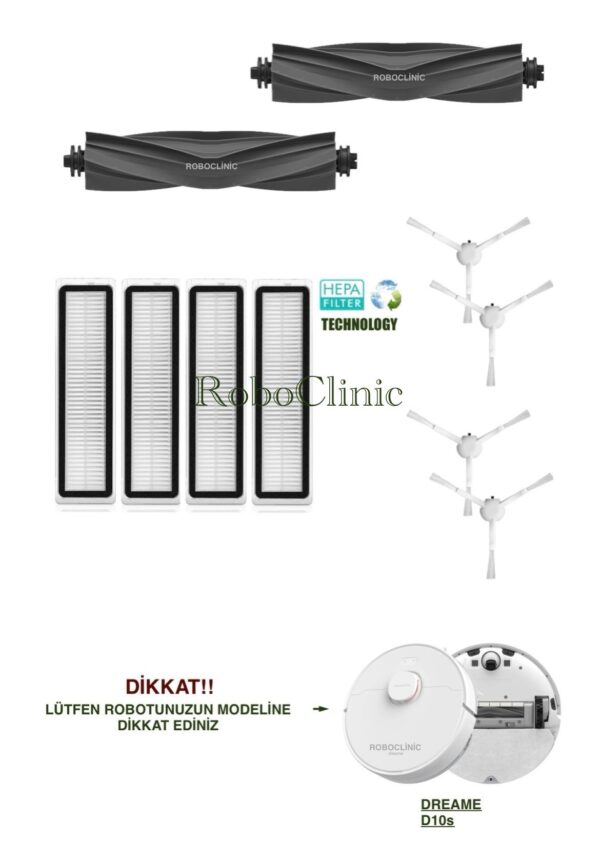 Dreame Bot D10s Beyaz Yedek Ana Fırça, Yan Fırça, HEPA Filtre - 10 Parça