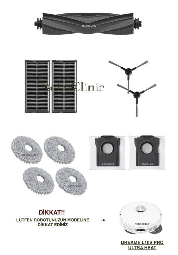 Dreame L10s Pro Ultra Heat Yedek Ana Fırça, Yan Fırça, HEPA Filtre, Mop, Toz Torbası - 11 Parça