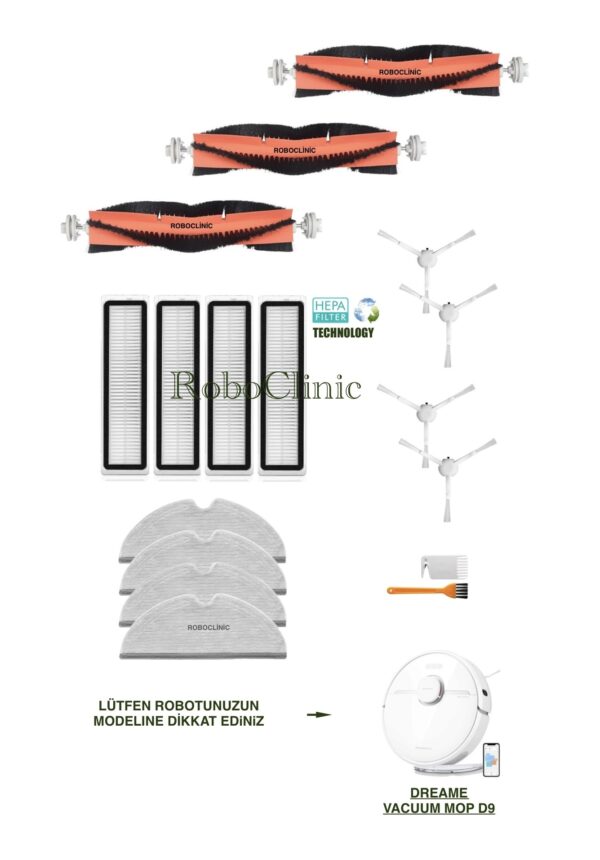 Dreame Vacuum Mop D9 Yedek Ana Fırça, Yan Fırça, HEPA Filtre, Mop - 17 Parça