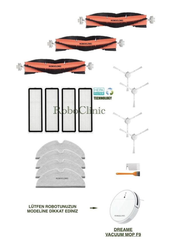 Dreame Vacuum Mop F9 Yedek Ana Fırça, Yan Fırça, HEPA Filtre, Mop - 17 Parça
