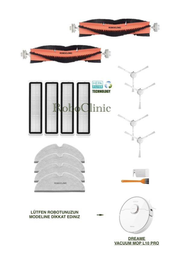 Dreame Vacuum Mop L10 Pro Beyaz Yedek Ana Fırça, Yan Fırça, HEPA Filtre, Mop - 16 Parça