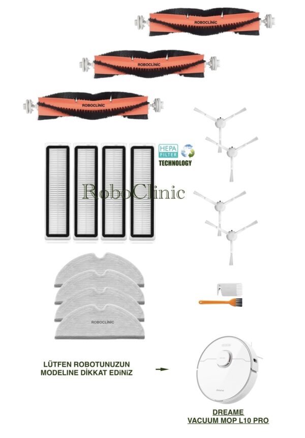 Dreame Vacuum Mop L10 Pro Beyaz Yedek Ana Fırça, Yan Fırça, HEPA Filtre, Mop - 17 Parça