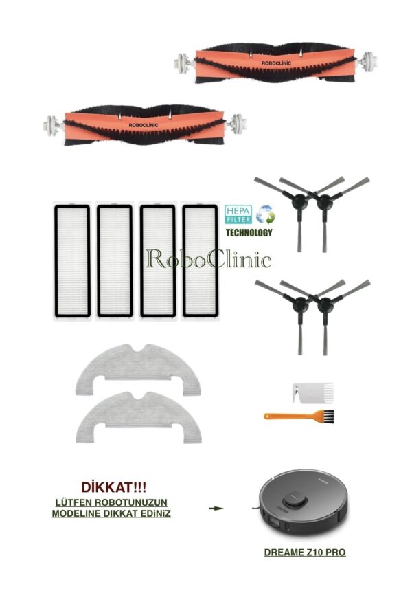 Dreame Bot Z10 Pro Yedek Ana Fırça, Yan Fırça, HEPA Filtre, Mop - 14 Parça