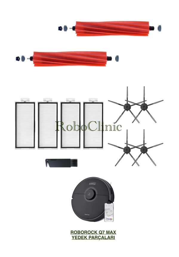 Roborock Q7 Max Siyah Yedek Ana Fırça, Yan Fırça, HEPA Filtre - 11 Parça