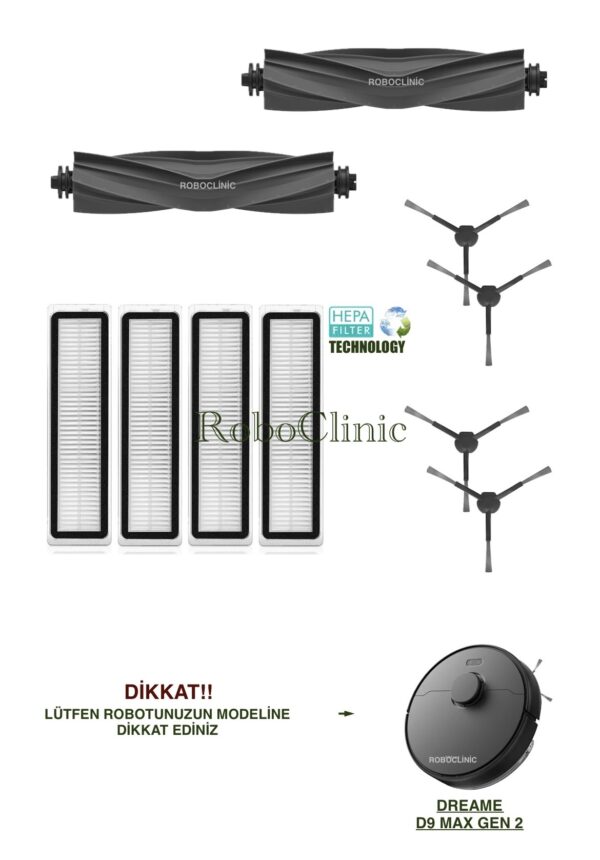 Dreame D9 Max Gen 2 Yedek Ana Fırça, Yan Fırça, HEPA Filtre - 10 Parça