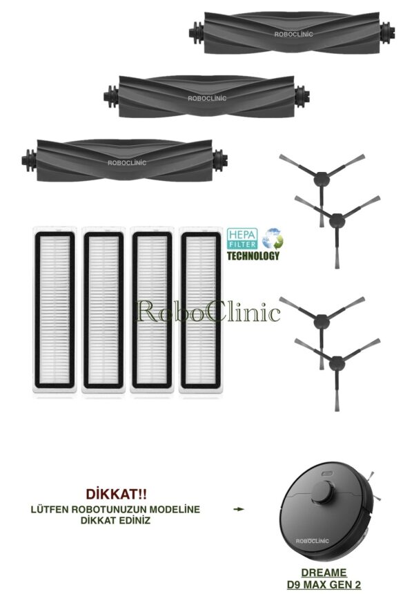 Dreame D9 Max Gen 2 Yedek Ana Fırça, Yan Fırça, HEPA Filtre - 11 Parça