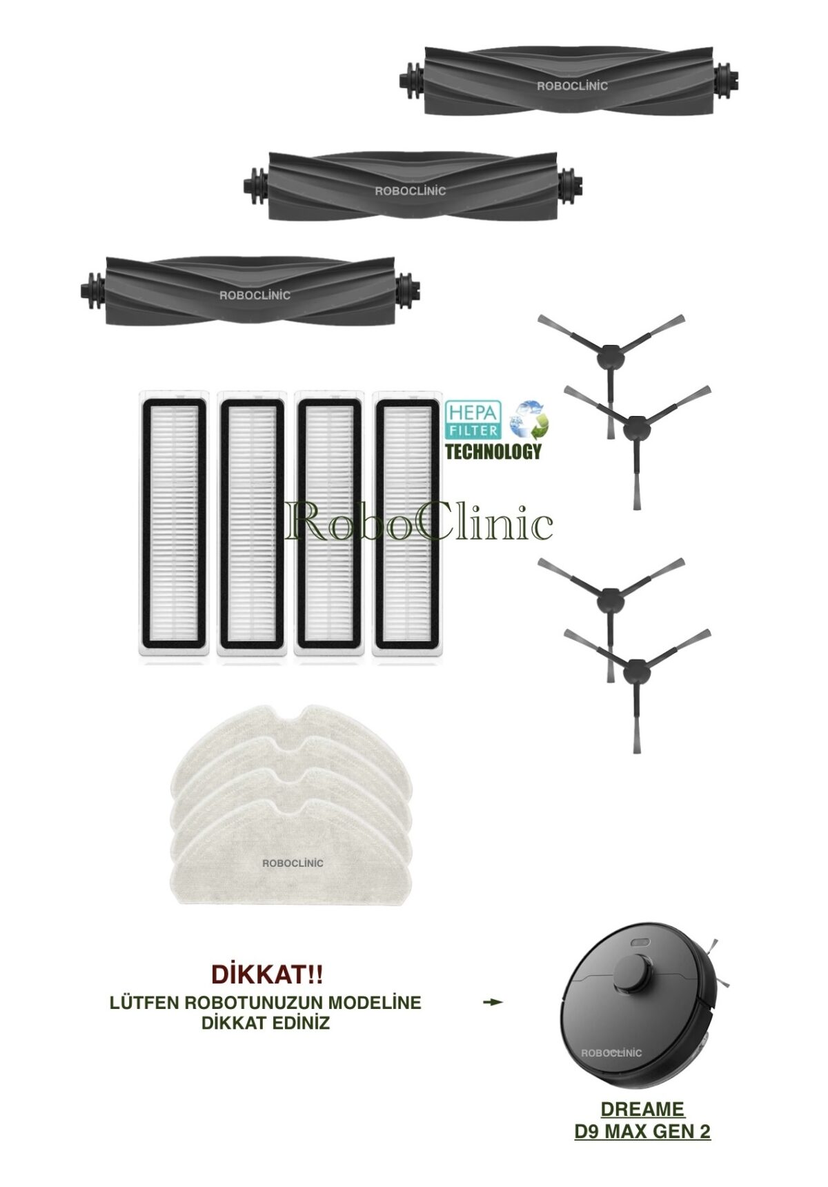 Dreame D9 Max Gen 2 Yedek Ana Fırça, Yan Fırça, HEPA Filtre, Mop - 15 Parça - Görsel 1