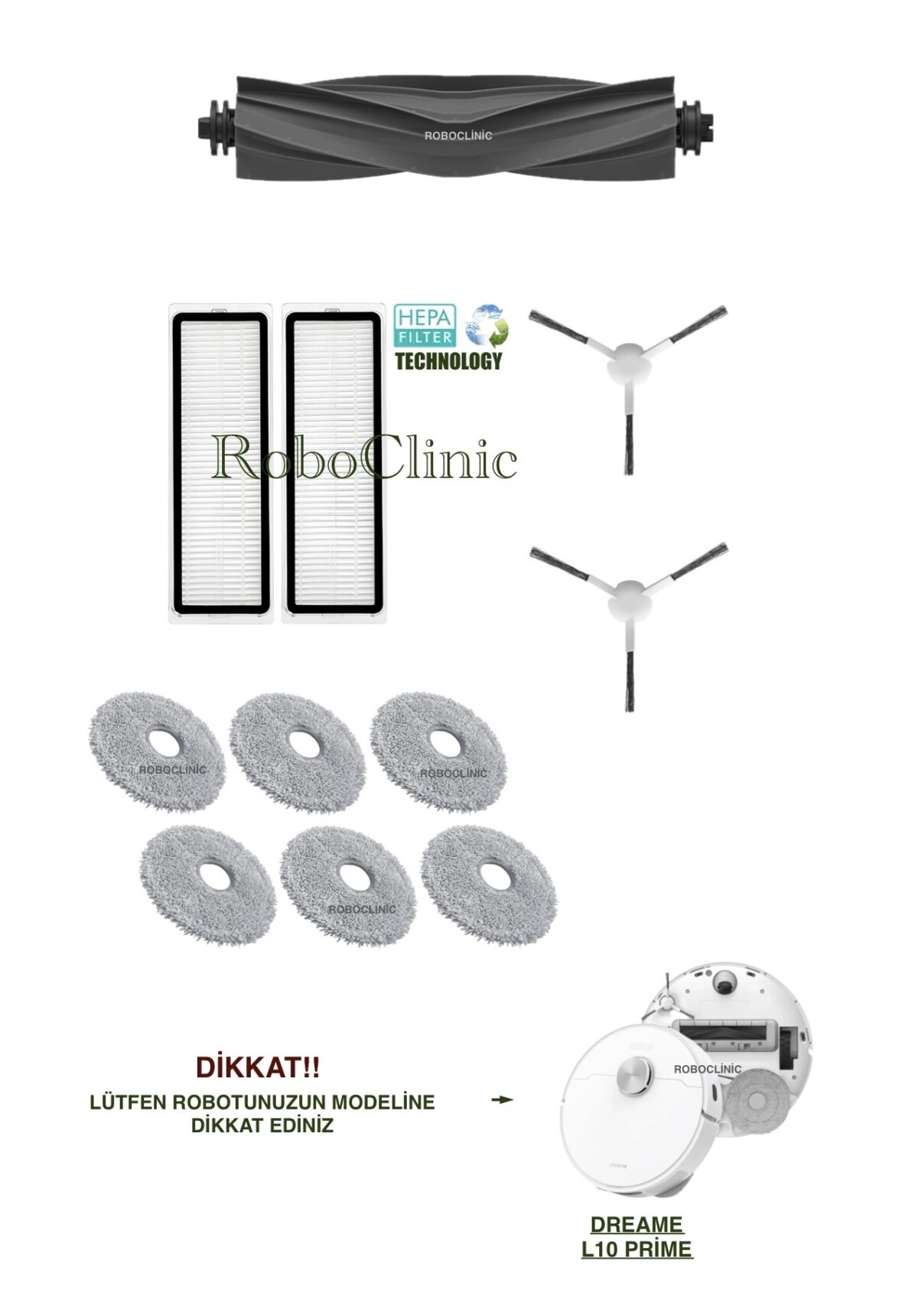 Dreame L10 Prime Yedek Ana Fırça, Yan Fırça, HEPA Filtre, Mop - 11 Parça - Görsel 1