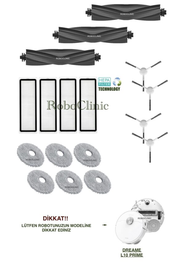 Dreame L10 Prime Yedek Ana Fırça, Yan Fırça, HEPA Filtre, Mop - 17 Parça