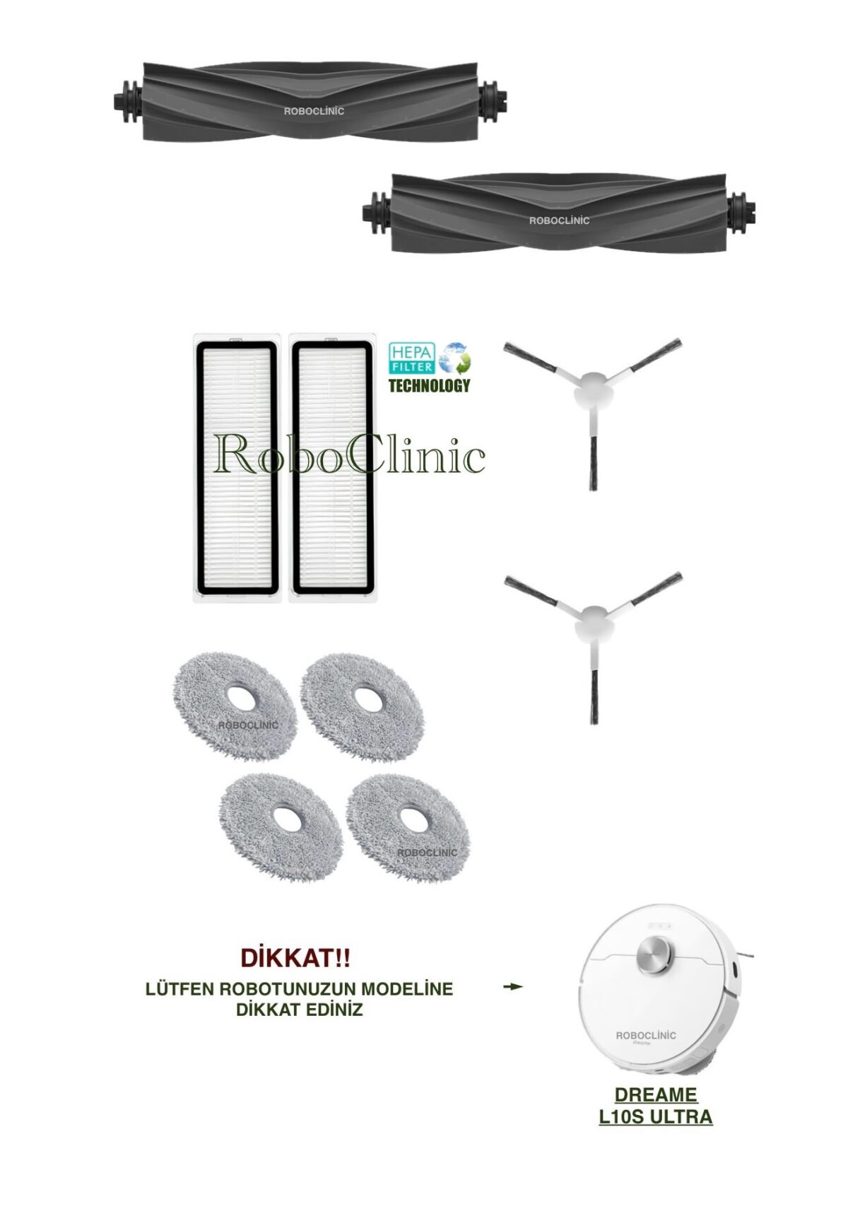 Dreame Bot L10s Ultra Yedek Ana Fırça, Yan Fırça, HEPA Filtre, Mop - 10 Parça - Görsel 1
