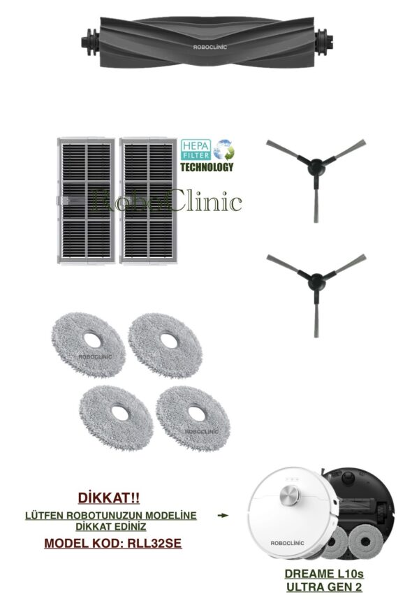 Dreame L10s Ultra Gen 2 Yedek Ana Fırça, Yan Fırça, HEPA Filtre, Mop - 9 Parça