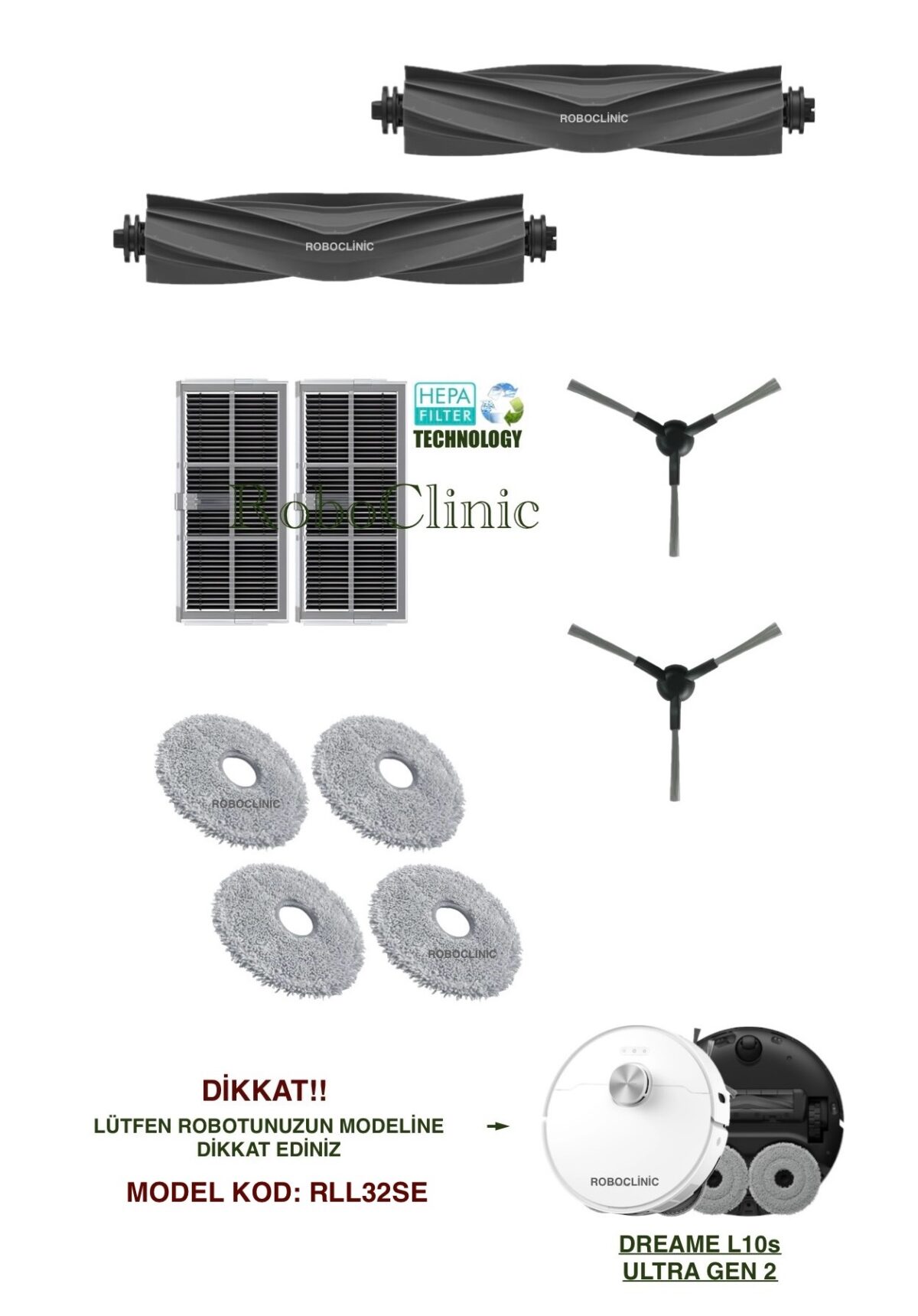 Dreame L10s Ultra Gen 2 Yedek Ana Fırça, Yan Fırça, HEPA Filtre, Mop - 10 Parça - Görsel 1
