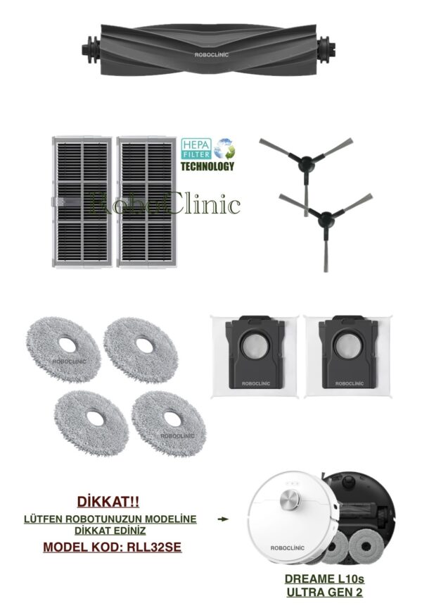 Dreame L10s Ultra Gen 2 Yedek Ana Fırça, Yan Fırça, HEPA Filtre, Mop, Toz Torbası - 11 Parça
