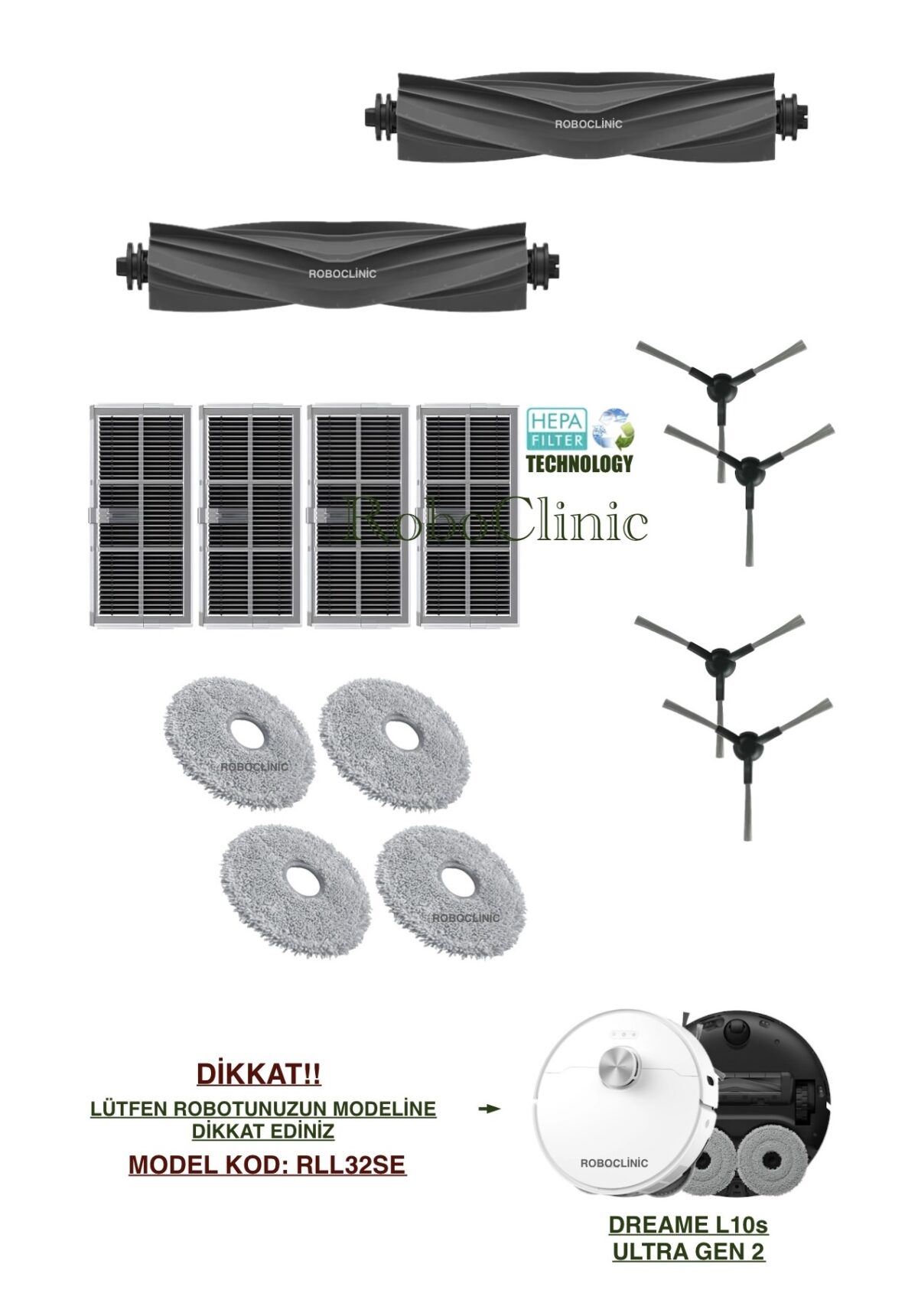 Dreame L10s Ultra Gen 2 Yedek Ana Fırça, Yan Fırça, HEPA Filtre, Mop - 14 Parça - Görsel 1