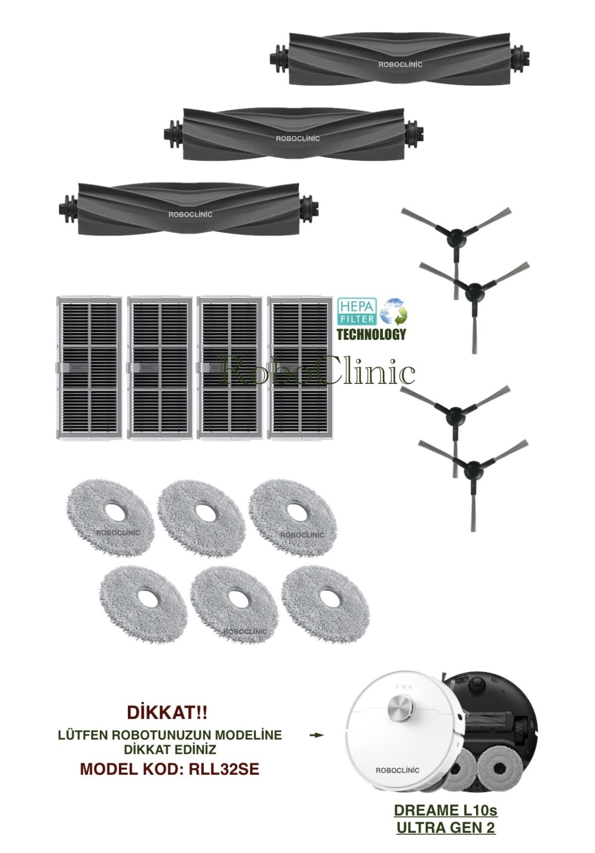 Dreame L10s Ultra Gen 2 Yedek Ana Fırça, Yan Fırça, HEPA Filtre, Mop - 17 Parça - Görsel 1