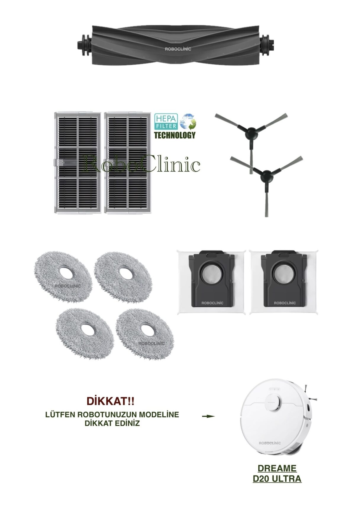 Dreame D20 Ultra Yedek Ana Fırça, Yan Fırça, HEPA Filtre, Mop - 11 Parça - Görsel 1