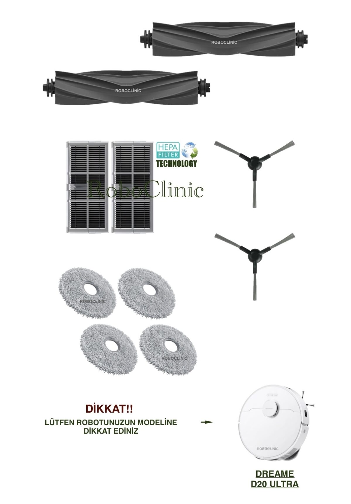 Dreame D20 Ultra Yedek Ana Fırça, Yan Fırça, HEPA Filtre, Mop - 10 Parça - Görsel 1