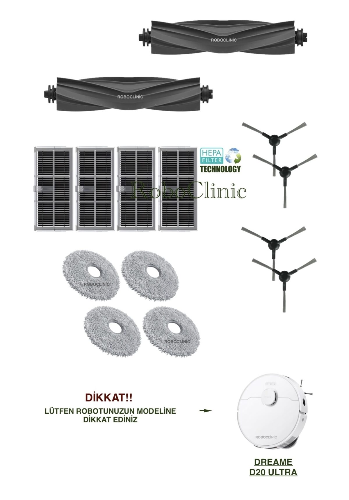 Dreame D20 Ultra Yedek Ana Fırça, Yan Fırça, HEPA Filtre, Mop - 14 Parça - Görsel 1