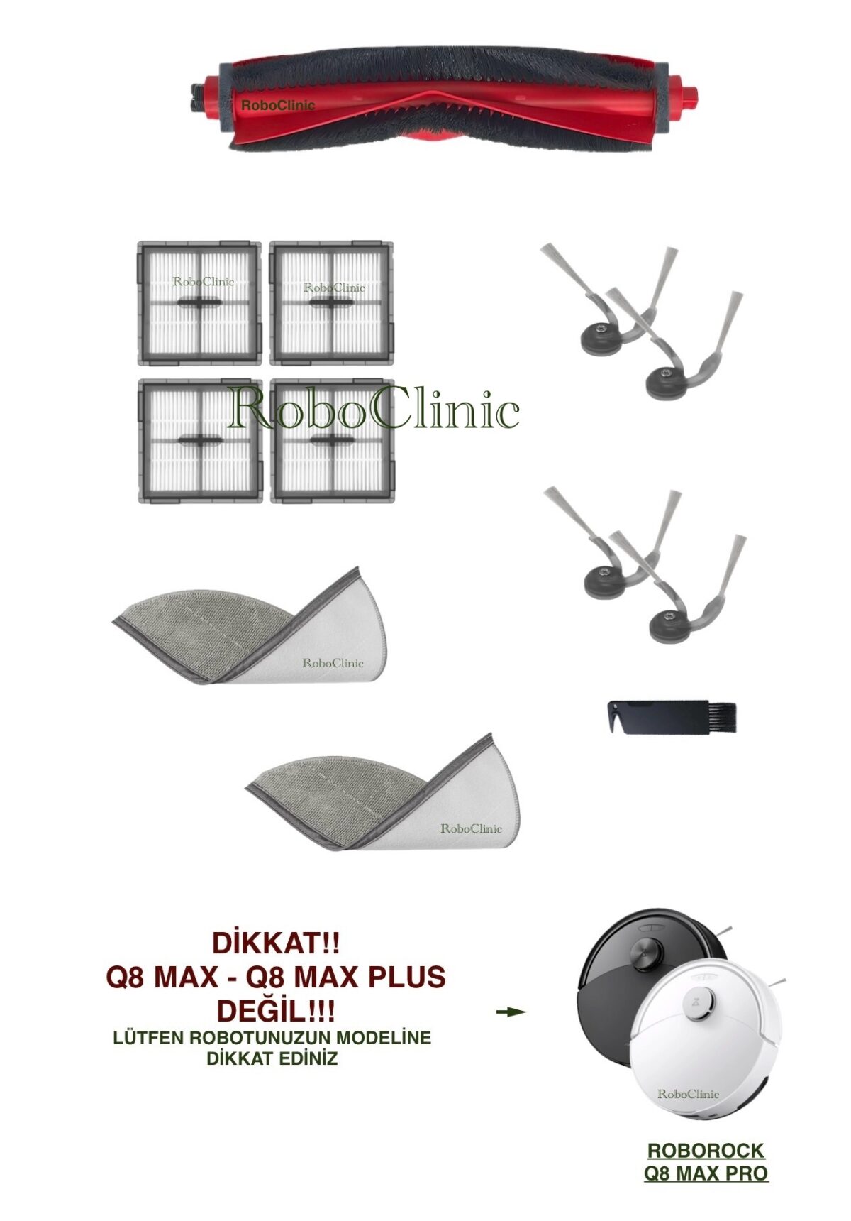 Roborock Q8 Max Pro Yedek Ana Fırça, Yan Fırça, HEPA Filtre, Mop - 12 Parça - Görsel 1