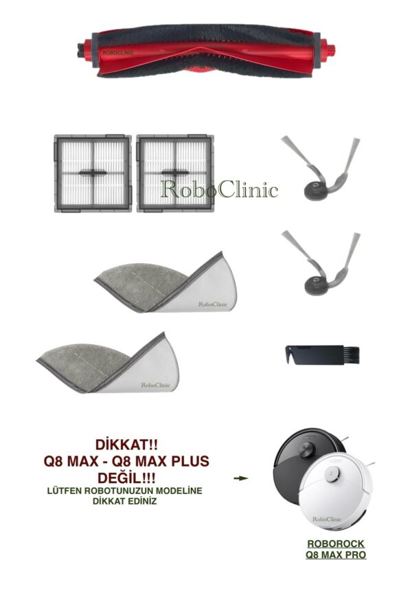 Roborock Q8 Max Pro Yedek Ana Fırça, Yan Fırça, HEPA Filtre, Mop - 8 Parça