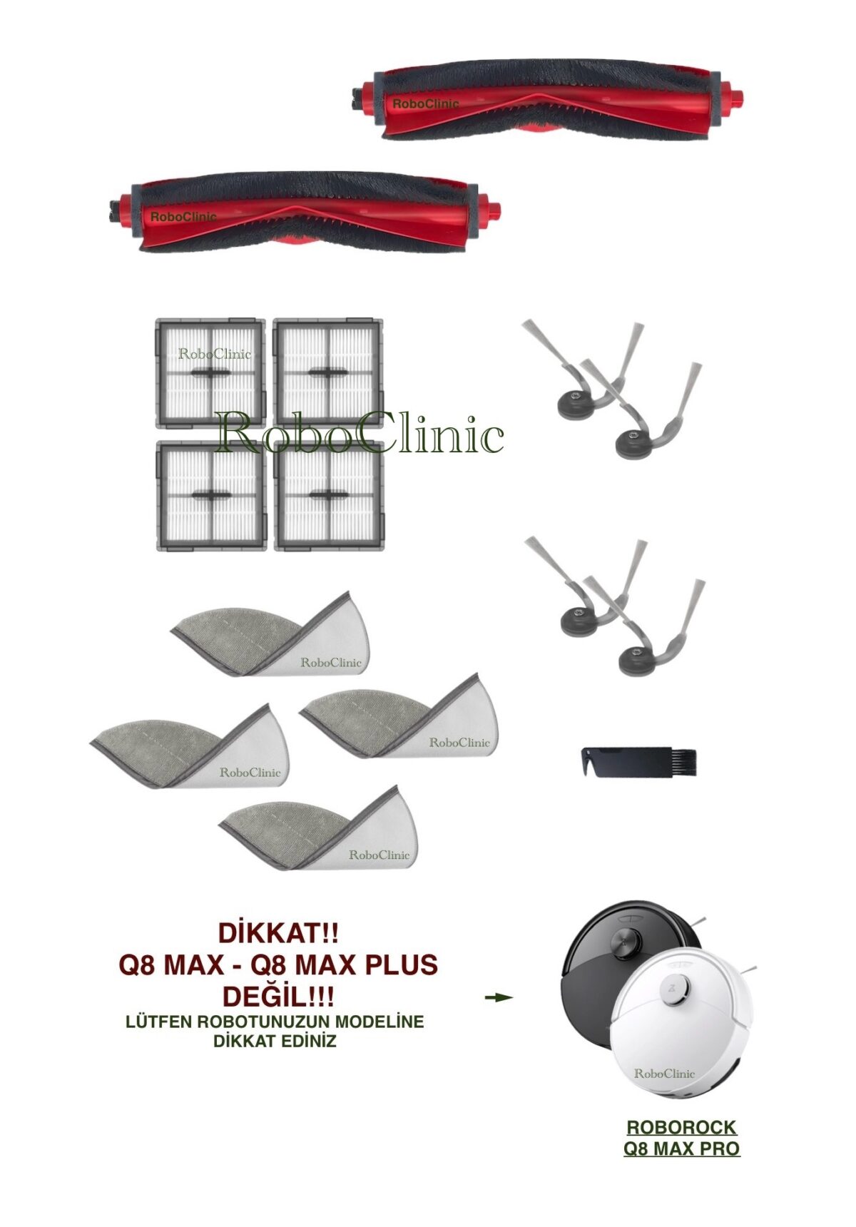 Roborock Q8 Max Pro Yedek Ana Fırça, Yan Fırça, HEPA Filtre, Mop - 15 Parça - Görsel 1