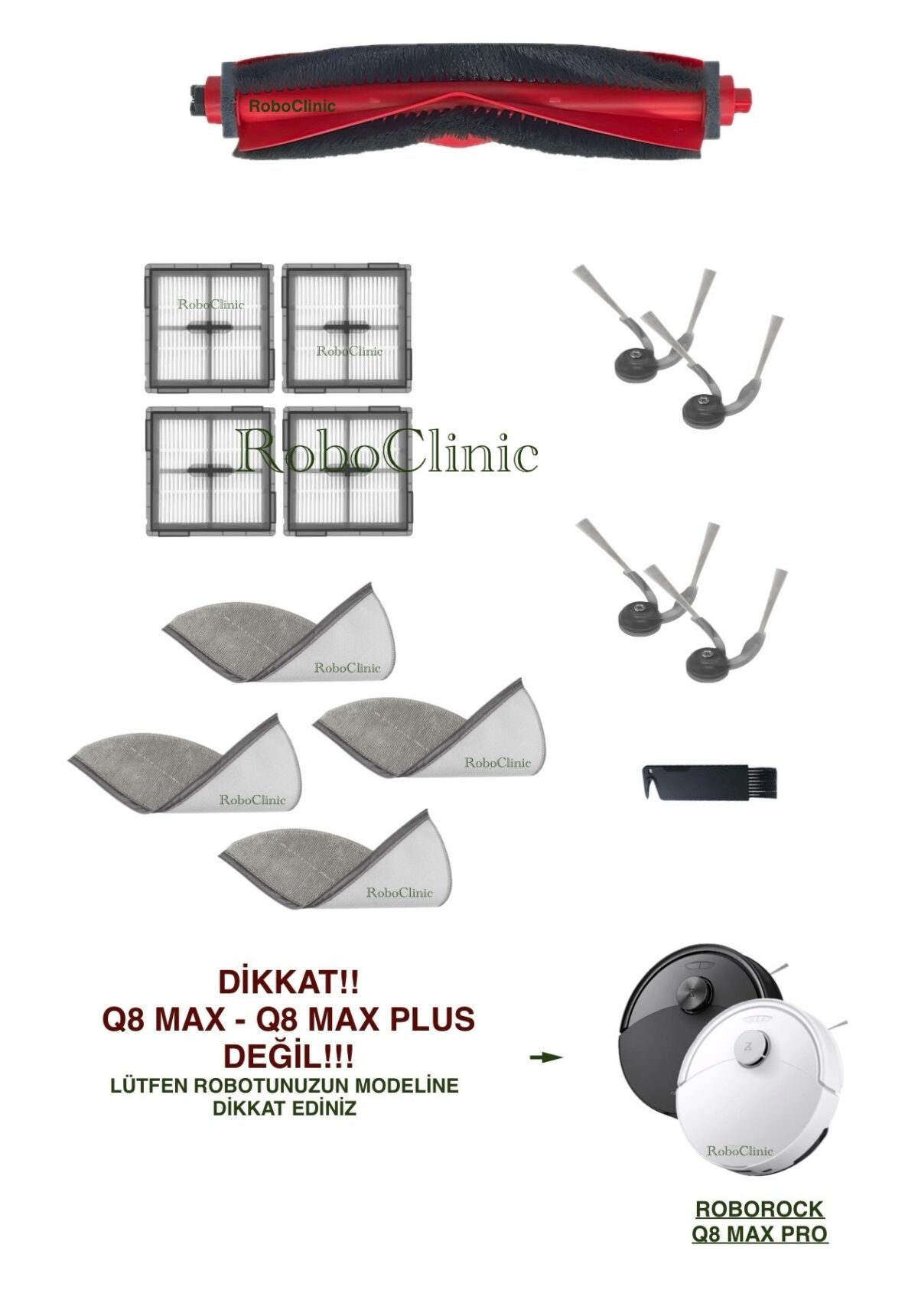 Roborock Q8 Max Pro Yedek Ana Fırça, Yan Fırça, HEPA Filtre, Mop - 14 Parça - Görsel 1
