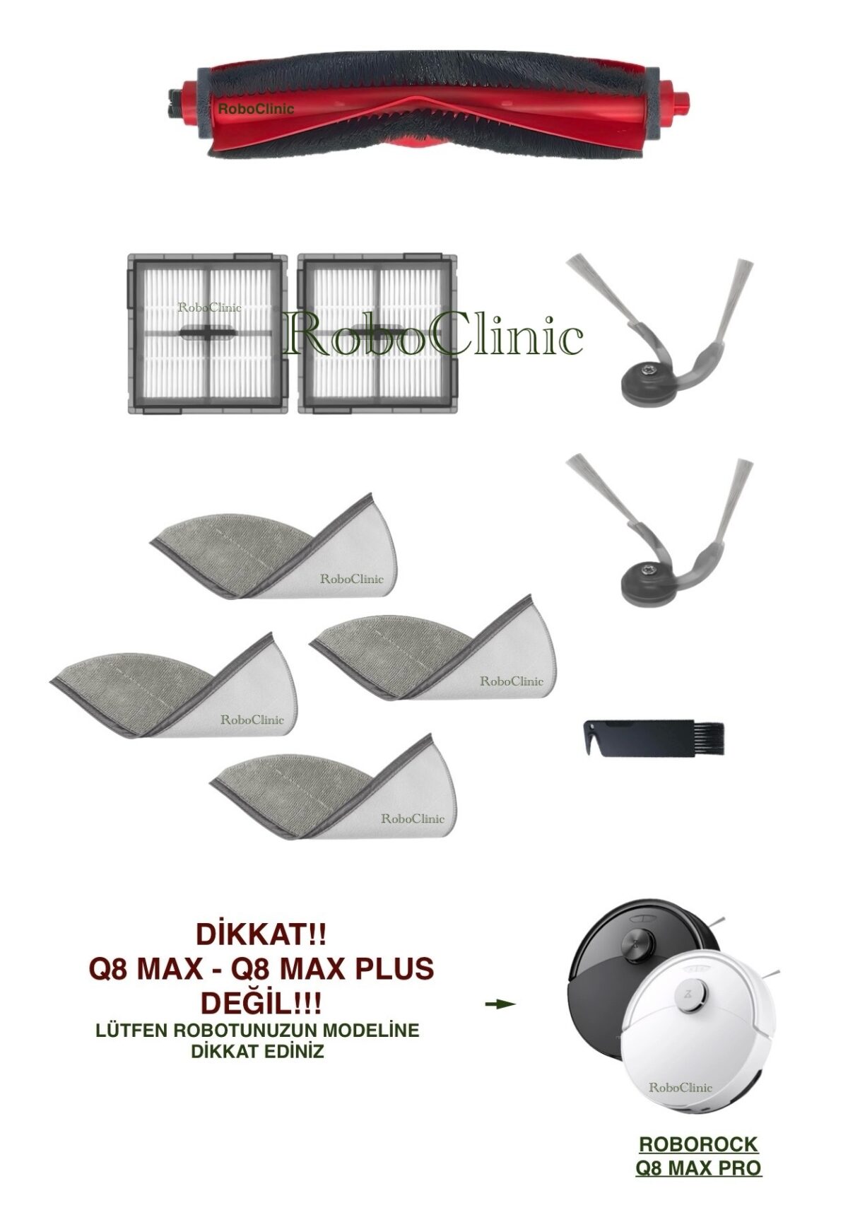 Roborock Q8 Max Pro Yedek Ana Fırça, Yan Fırça, HEPA Filtre, Mop - 10 Parça - Görsel 1