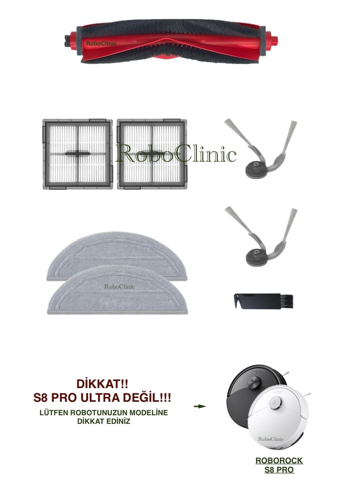Roborock S8 Pro Yedek Ana Fırça, Yan Fırça, HEPA Filtre, Mop - 8 Parça - Görsel 1