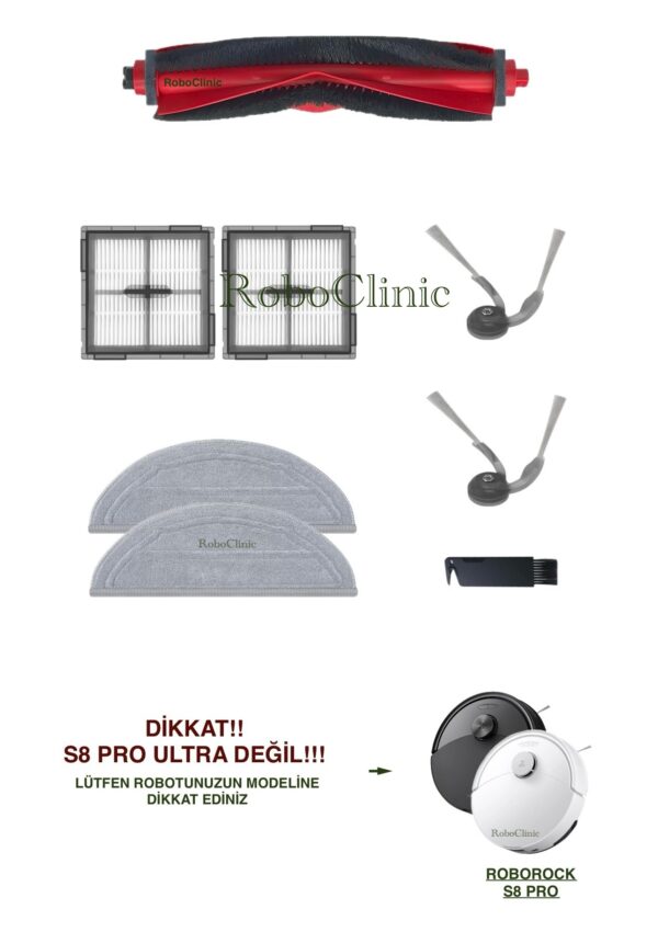 Roborock S8 Pro Yedek Ana Fırça, Yan Fırça, HEPA Filtre, Mop - 8 Parça