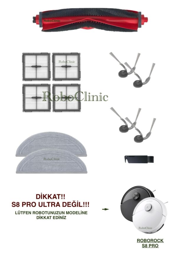 Roborock S8 Pro Yedek Ana Fırça, Yan Fırça, HEPA Filtre, Mop - 12 Parça