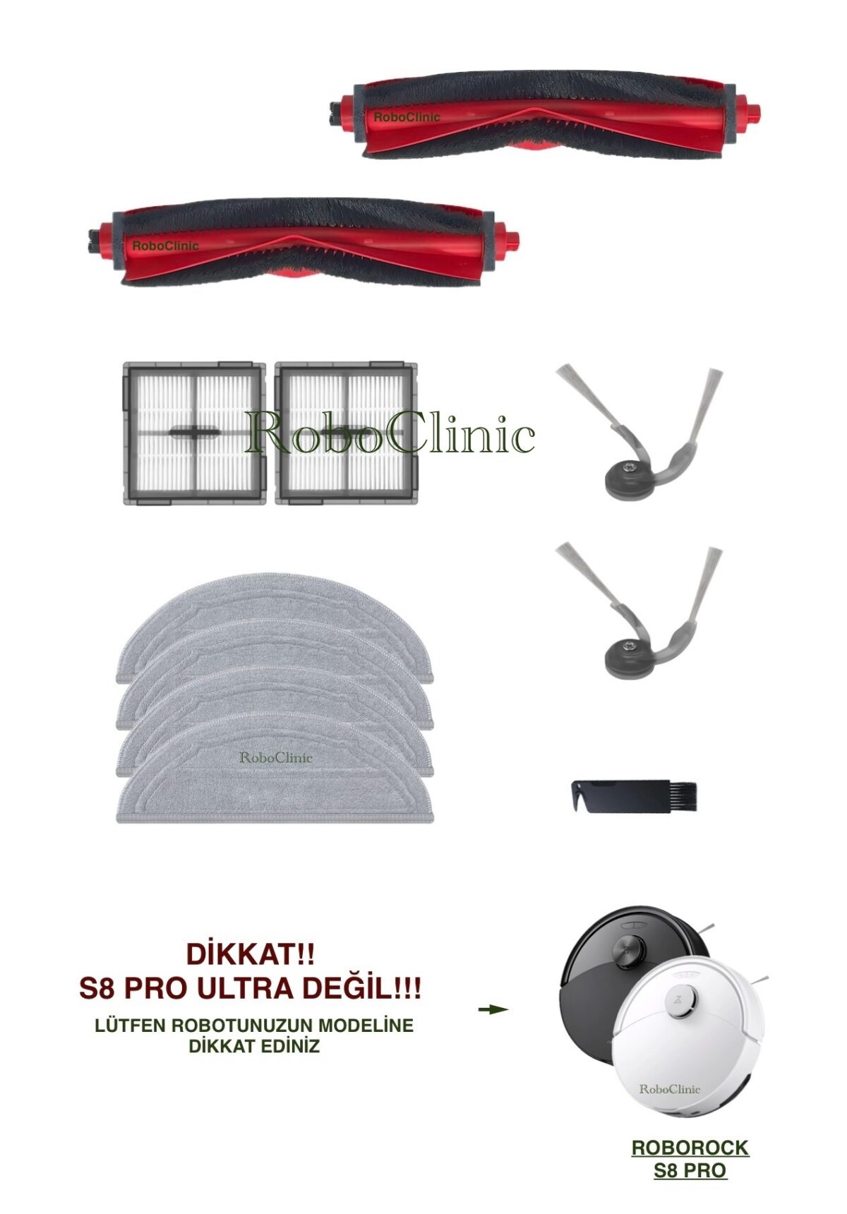 Roborock S8 Pro Yedek Ana Fırça, Yan Fırça, HEPA Filtre, Mop - 11 Parça - Görsel 1
