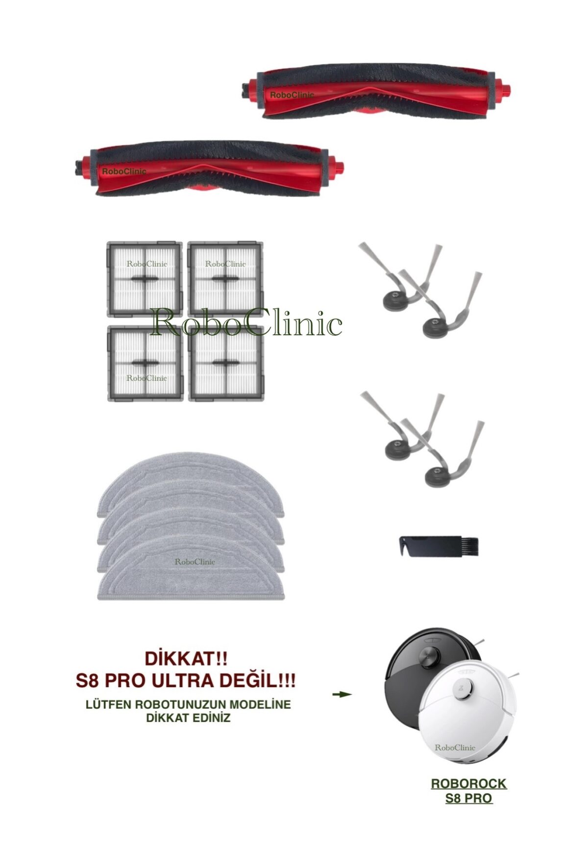 Roborock S8 Pro Yedek Ana Fırça, Yan Fırça, HEPA Filtre, Mop - 15 Parça - Görsel 1