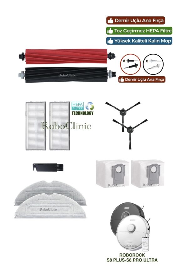 Roborock S8 Pro Ultra Yedek Ana Fırça, Yan Fırça, HEPA Filtre, Mop, Toz Torbası - 11 Parça