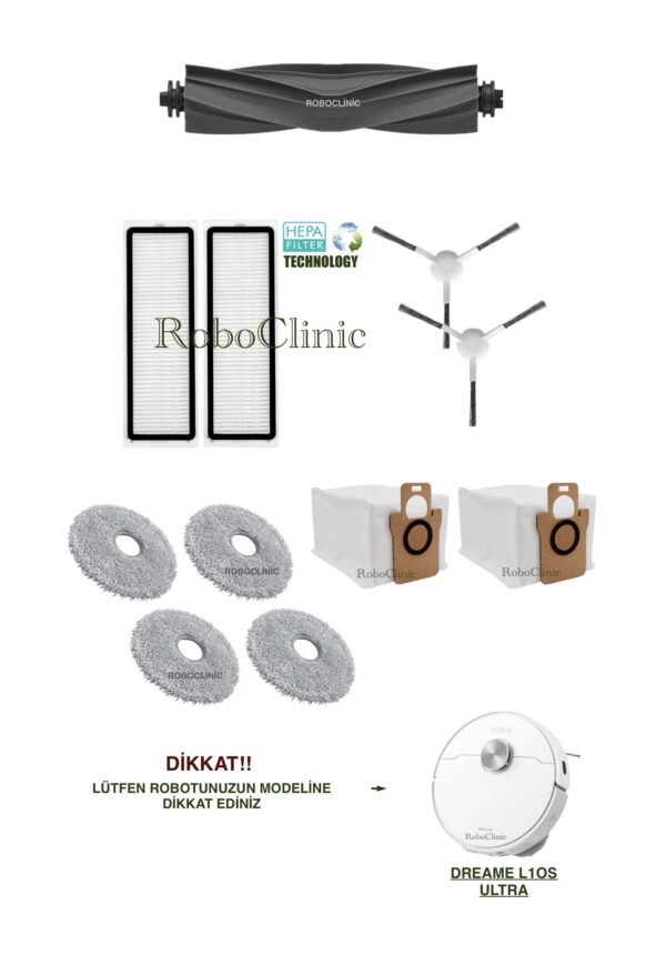 Dreame Bot L10s Ultra Yedek Ana Fırça, Yan Fırça, HEPA Filtre, Toz Torbası - 11 Parça
