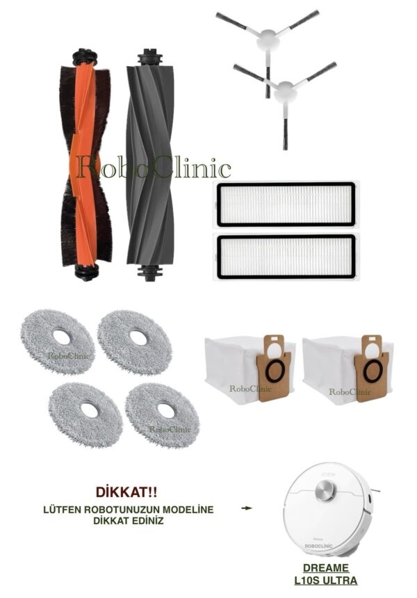 Dreame Bot L10s Ultra Yedek Ana Fırça, Yan Fırça, HEPA Filtre, Toz Torbası - 12 Parça