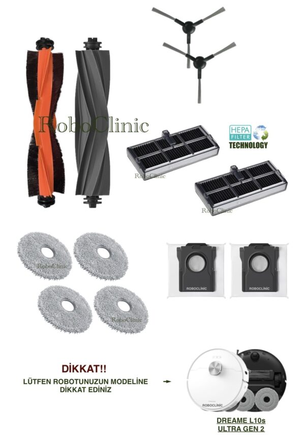 Dreame L10s Ultra Gen 2 Yedek Ana Fırça, Yan Fırça, HEPA Filtre, Mop, Toz Torbası - 12 Parça