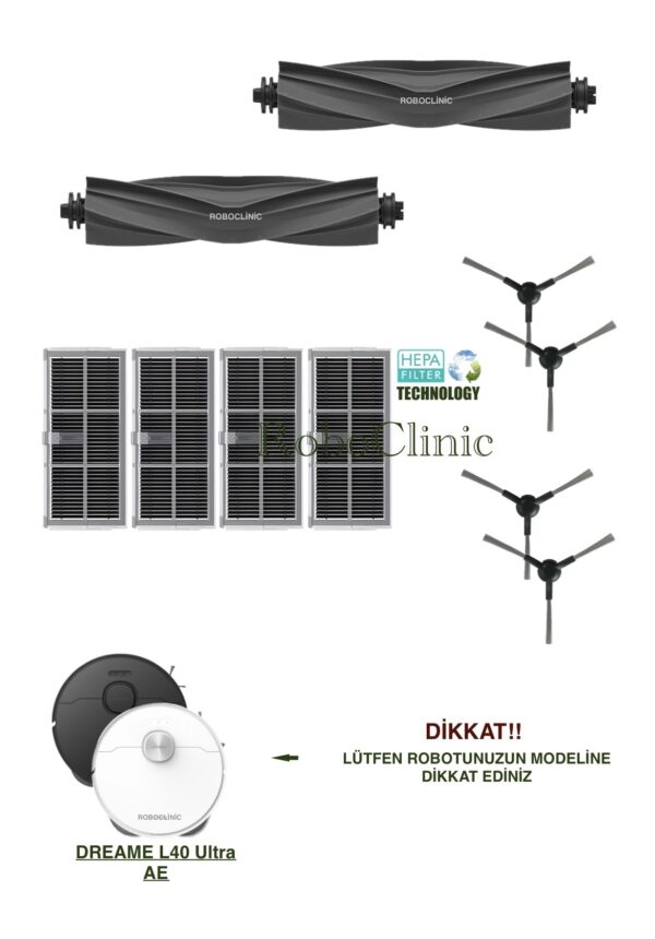 Dreame L40 Ultra AE Yedek Ana Fırça, Yan Fırça, HEPA Filtre - 10 Parça