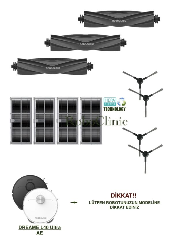 Dreame L40 Ultra AE Yedek Ana Fırça, Yan Fırça, HEPA Filtre - 11 Parça
