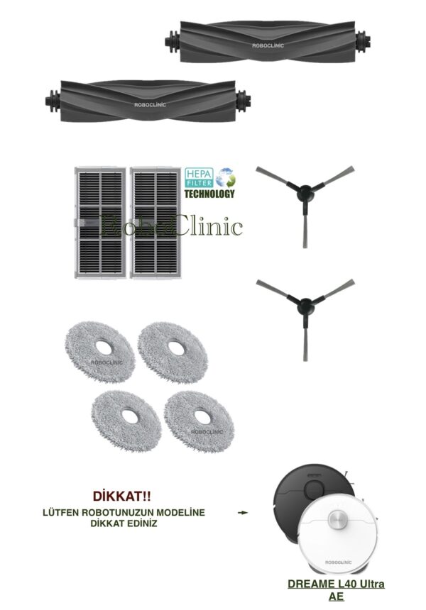 Dreame L40 Ultra AE Yedek Ana Fırça, Yan Fırça, HEPA Filtre, Mop - 10 Parça