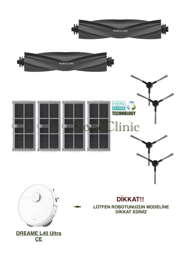 Dreame L40 Ultra CE Yedek Ana Fırça, Yan Fırça, HEPA Filtre - 10 Parça