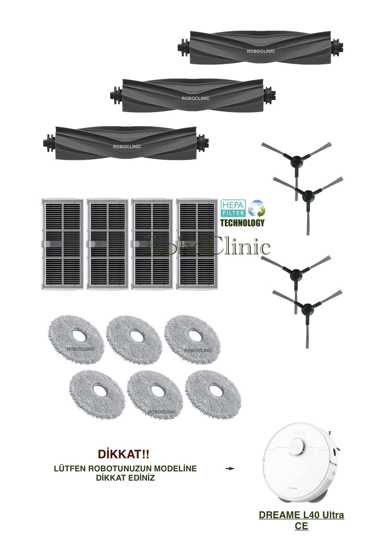 dreame-l40-ultra-ce-8 Dreame L40 Ultra CE Yedek Ana Fırça, Yan Fırça, HEPA Filtre, Mop - 17 Parça - Görsel 1