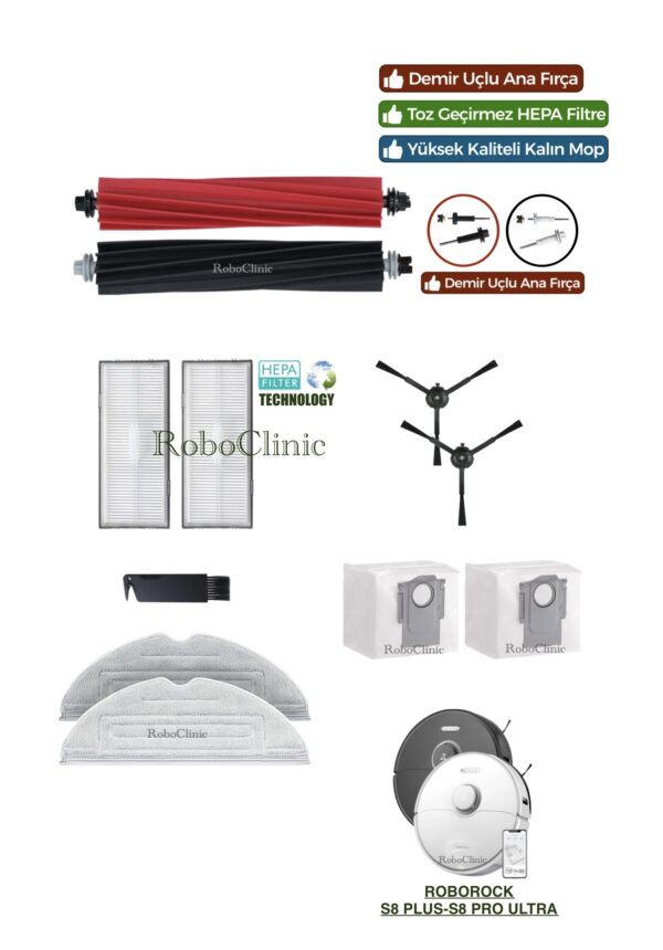 Roborock S8 Plus Yedek Ana Fırça, Yan Fırça, HEPA Filtre, Mop, Toz Torbası - 11 Parça