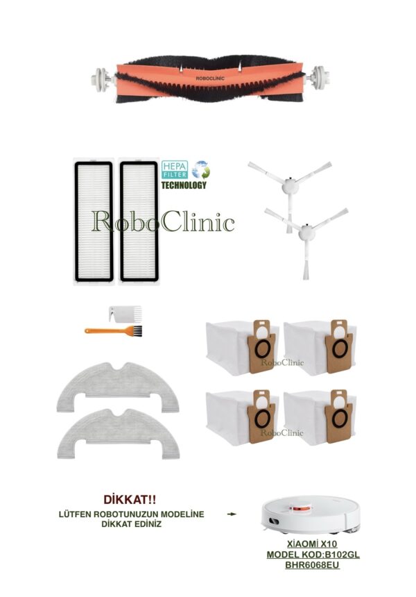 Xiaomi Robot Vacuum X10 Yedek Ana Fırça, Yan Fırça, HEPA Filtre, Mop, Toz Torbası - 13 Parça